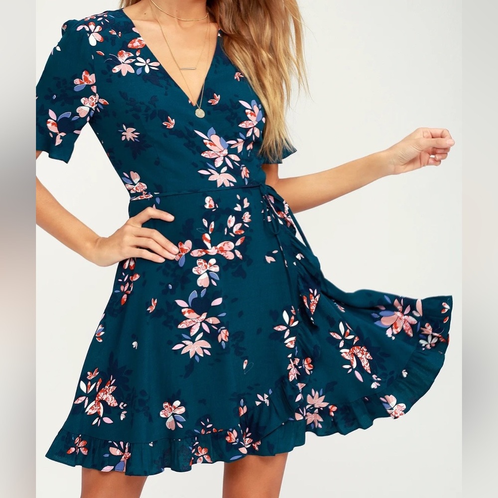 Lulus Dalton Teal Blue Floral Print Ruffled Wrap Dress | Size XL